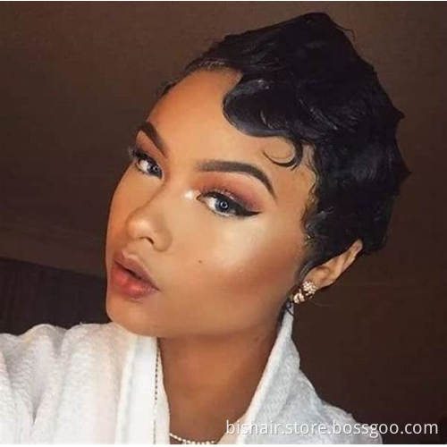 Wholesale Short Finger Wave Cheap Wigs For Women Remy Real Hair Pixie Cut Wig Brazilian Human Hair Machine Made Wigs